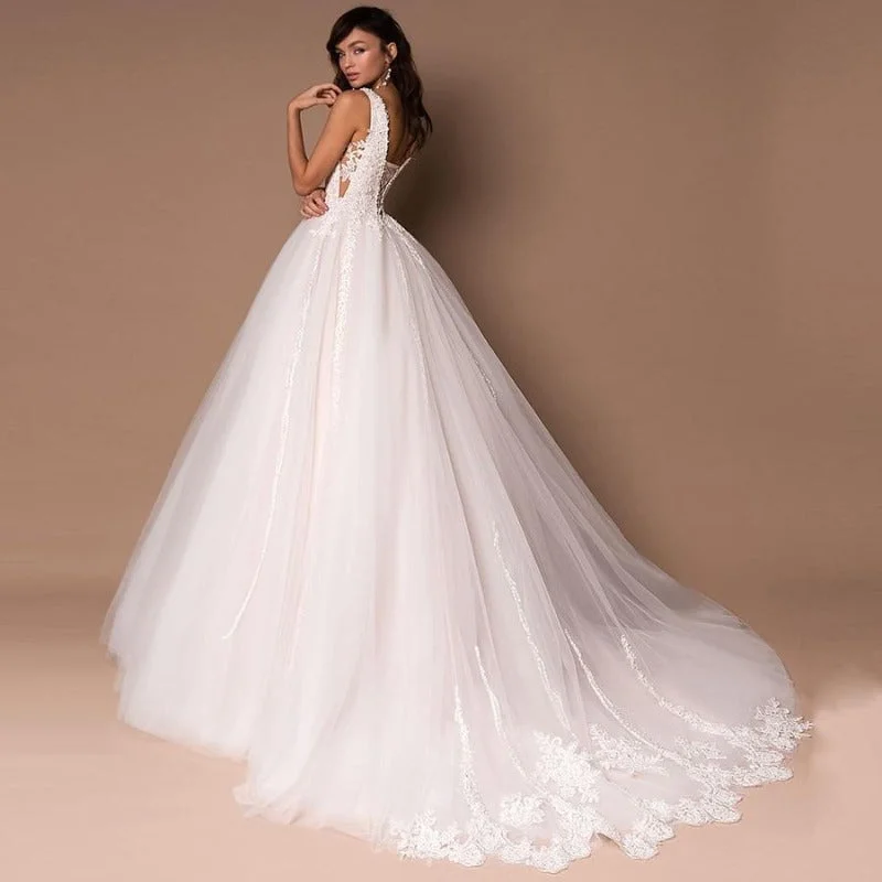 Get It Now Tulle Bridal V Neck Beaded Ball Gown Wedding Dress