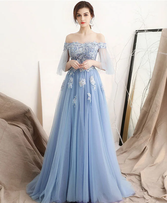 Price Slash Alert Unique Blue Off Shoulder Tulle Long Prom Dress, Blue Evening Dress