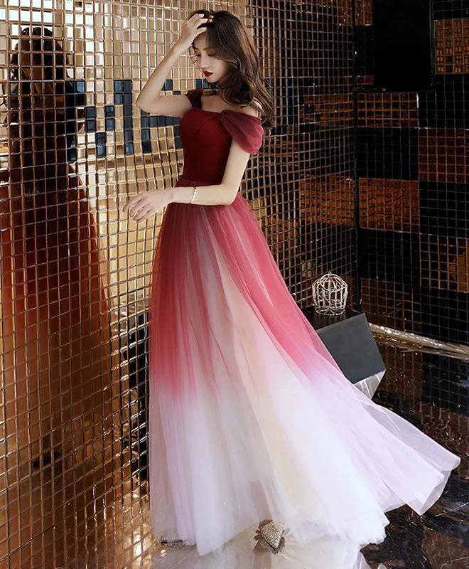 Massive Discounts Unique Burgundy Off Shoulder Tulle Long Prom Dress, Burgundy Evening Dress