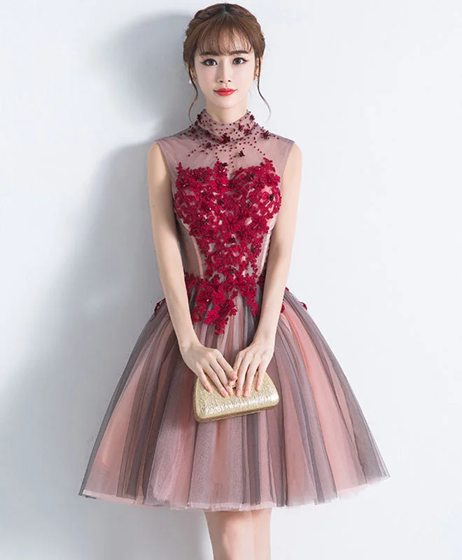 Savings Galore Unique Burgundy Tulle Lace Short Prom Dress, Tulle Homecoming Dress