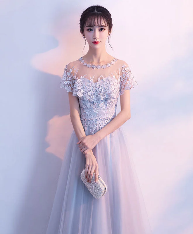 Best Deal of the Day Unique Gray Tulle Long Prom Dress, Lace Evening Dress