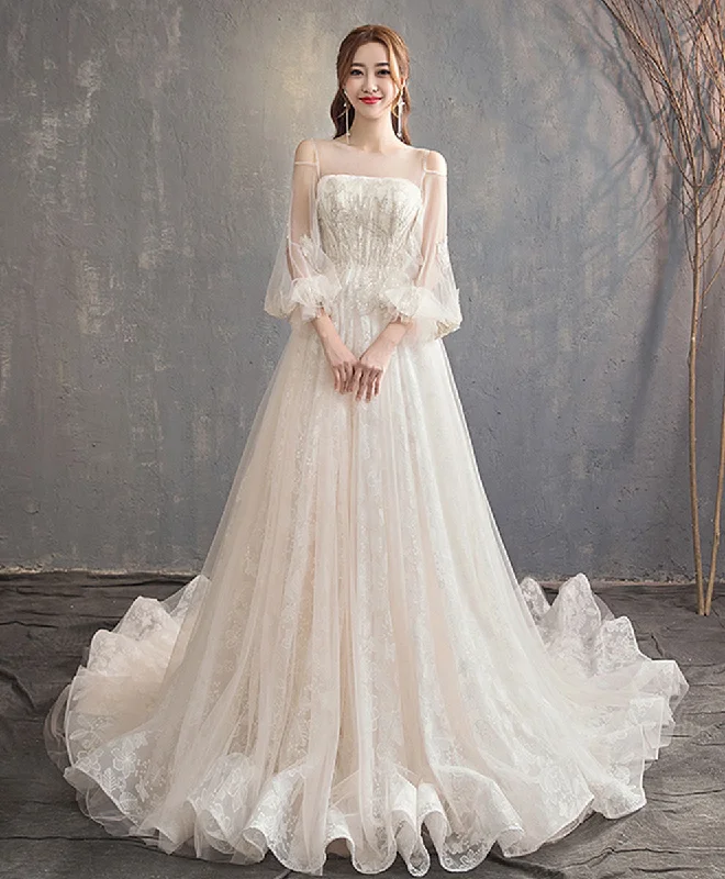 Unique Tulle Lace Long Wedding Dress, Tulle Lace Bridal Dress