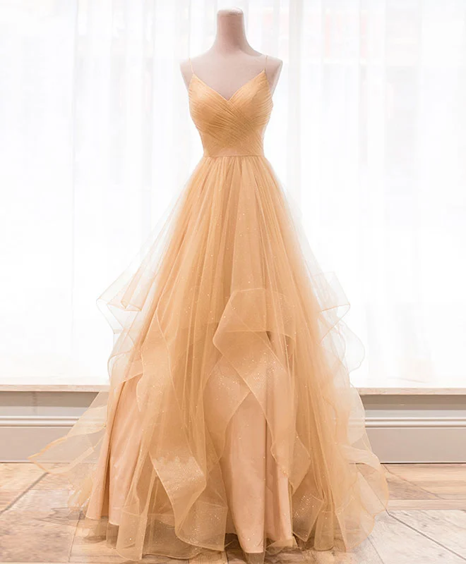 Exclusive Deals Unique V Neck Tulle A-Line Long Prom Dress Tulle Formal Dress