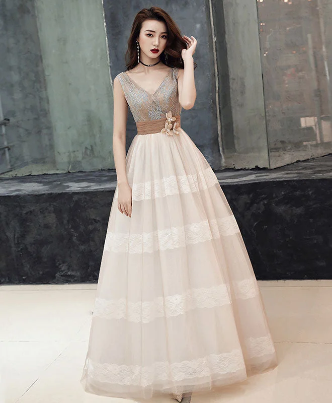 Exclusive Discounts Just for You Unique V Neck Tulle Lace Long Prom Dress Tulle Lace Formal Dress