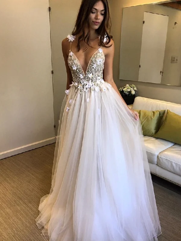 V Neck Backless Beaded Wedding Dresses, Ivory Backless Floral Prom Dresses Evening Dresses