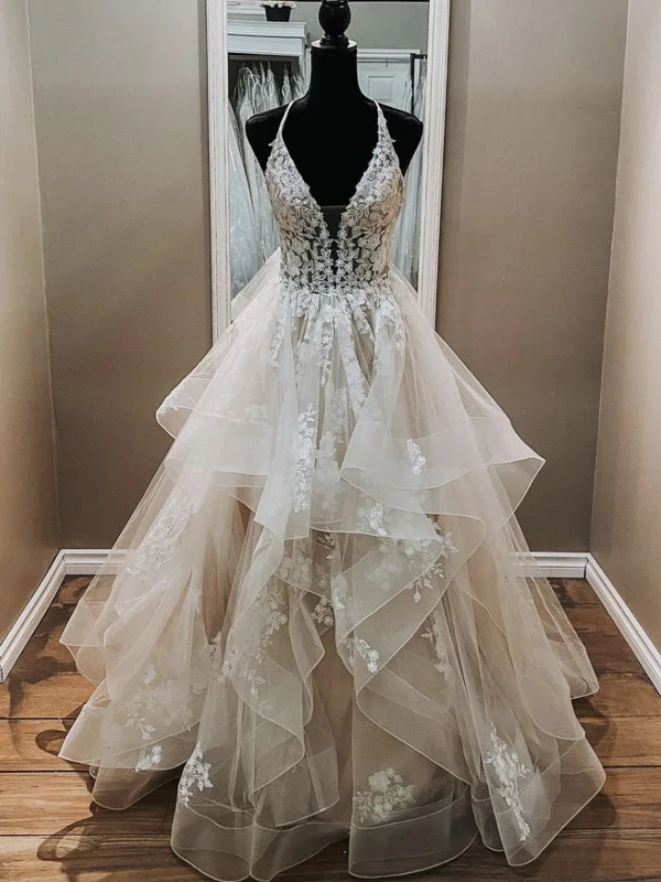 Weekend Bargain Bonanza V Neck Backless Light Champagne Lace Wedding Dresses, Open Back Champagne Lace Formal Prom Dresses Weekend Bargain Bonanza V Neck Backless Light Champagne Lace Wedding Dresses, Open Back Champagne Lace Formal Prom Dresses