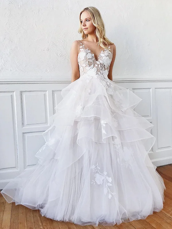 Weekend Price Slash Day V Neck Backless White Floral Lace Wedding Dresses, White V Neck Floral Lace Prom Dresses, Wedding Gowns