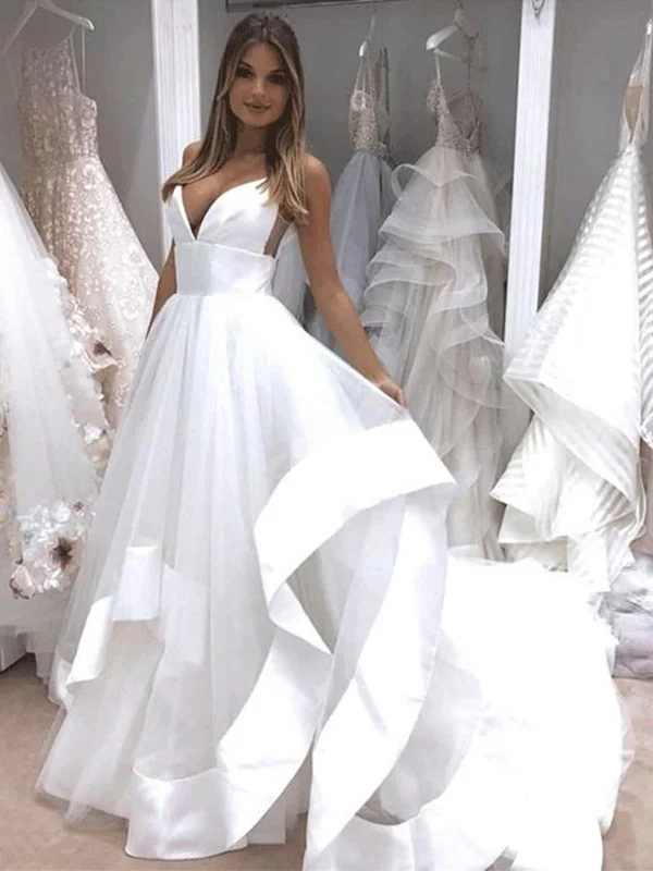 Exclusive Deals V Neck Backless White Wedding Dresses, White Backless Prom Dresses, Evening Dresses