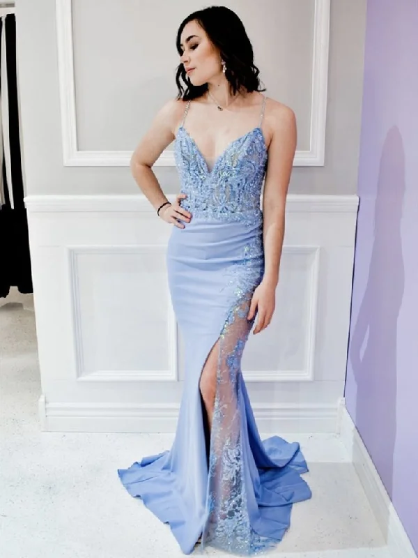 V Neck Blue Mermaid Lace Prom Dresses, Sky Blue Mermaid Lace Formal Bridesmaid Dresses,DS1486