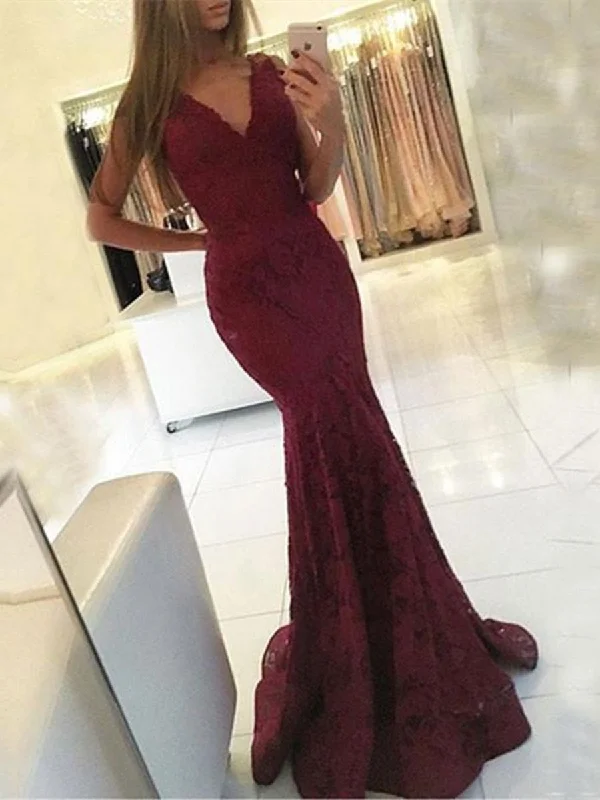 Sexy V Neck Mermaid Maroon Lace Prom Dress, Lace Formal Dress, Lace Mermaid Bridesmaid Dress