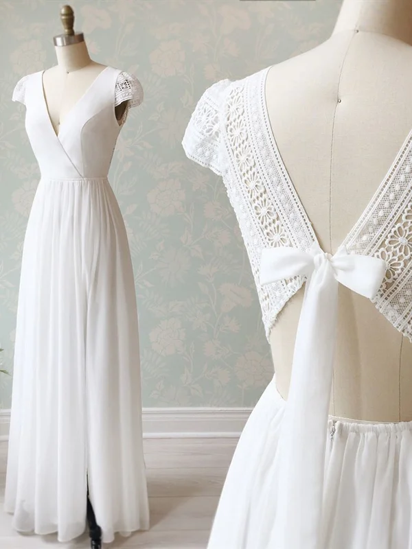 Weekend Flash Offers V Neck Cap Sleeves White Long Lace Prom Dresses, Cap Sleeves White Lace Wedding Formal Evening Dresses