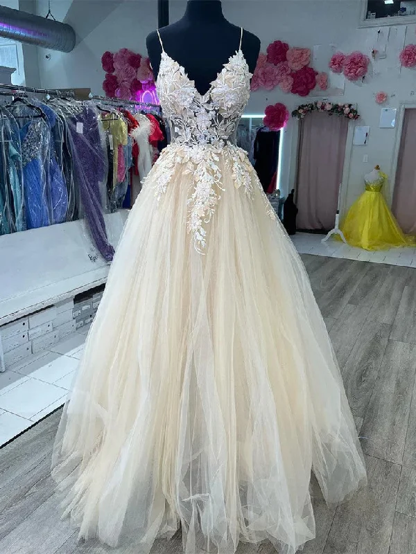 Bargain Alert V Neck Champagne Tulle Lace Prom Dresses, Champagne Tulle Lace Wedding Dresses, Lace Champagne Formal Evening Dresses Bargain Alert V Neck Champagne Tulle Lace Prom Dresses, Champagne Tulle Lace Wedding Dresses, Lace Champagne Formal Evening Dresses