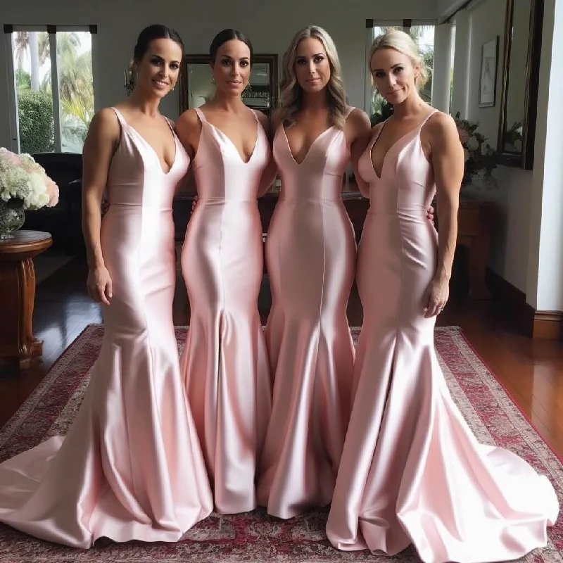 Weekend Massive Discounts V Neck Long Pink Mermaid Bridesmaid Dresses Wedding Party Dresses