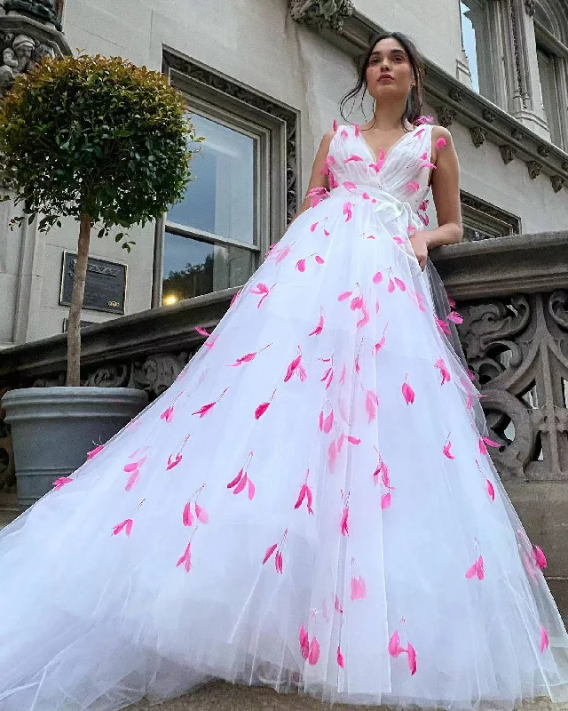 Weekend Only Sale V-neck Feather Tulle Wedding Dresses, Long Prom Dresses, Romantic Wedding Dresses, Newest Prom Dresses