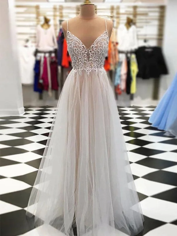 End-of-Season Sale V Neck Floor Length Champagne Lace Prom Dresses, Champagne Lace Wedding Dresses, Evening Dresses