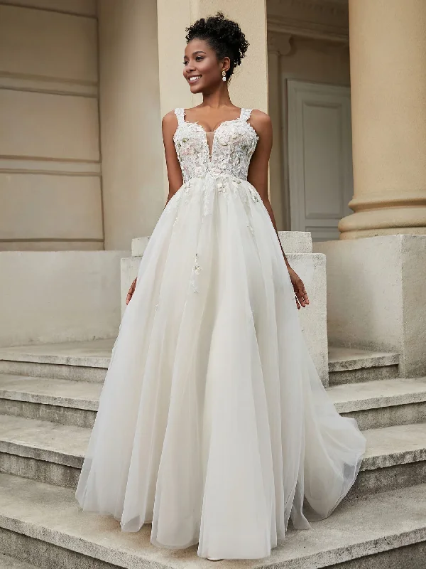 Shop & Save V-neck floral decal chiffon wedding dress