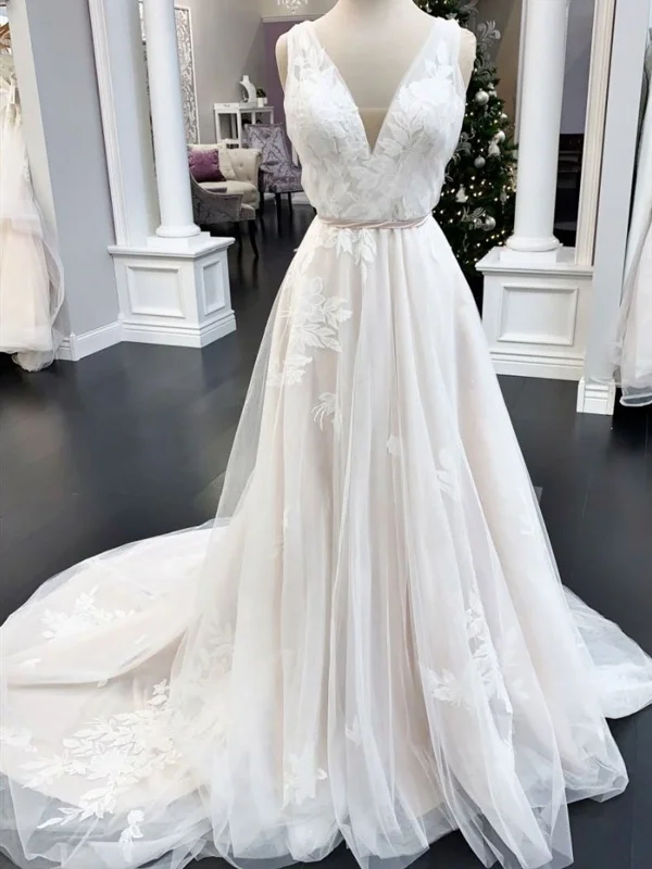 Weekend Steals V Neck Ivory Lace Wedding Dresses, Ivory Lace Prom Formal Dresses