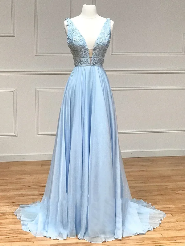 Deal of the Week V Neck Light Blue Lace Prom Dresses, Light Blue V Lace Lace Formal Evening Graduation Dresses