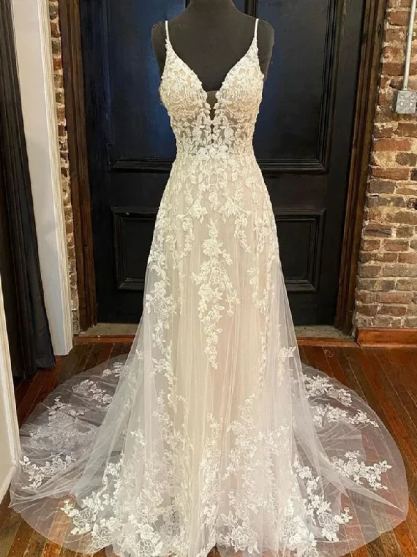 V Neck Open Back Ivory Lace Long Prom Dresses with Train, Ivory Lace Wedding Dresses,  Ivory Lace Backless Long Formal Evening Dresses