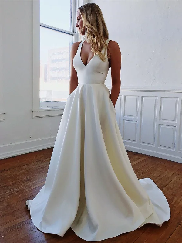 Weekend Massive Discounts V Neck Open Back White Wedding Dresses, Wedding Gowns, White V Neck Prom Dresses Long