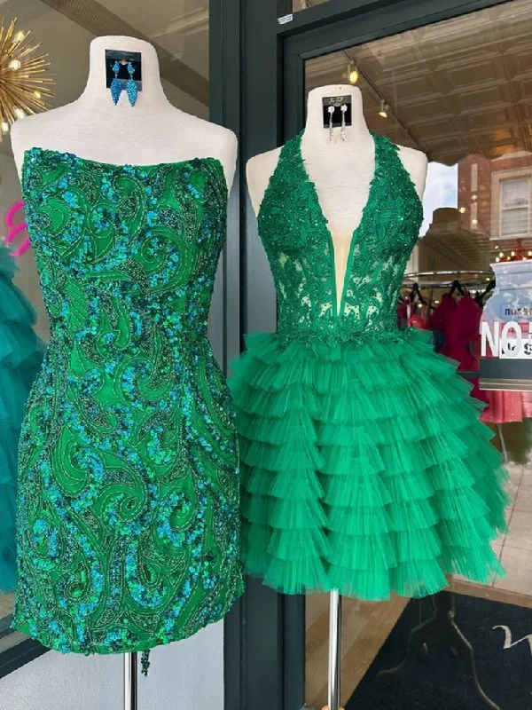 Weekend Super Sale Frenzy V Neck Princess Backless Ruffle Green Lace Prom Dresses,  Halter Neck Short Lace Green Formal Evening Homecoming Dresses