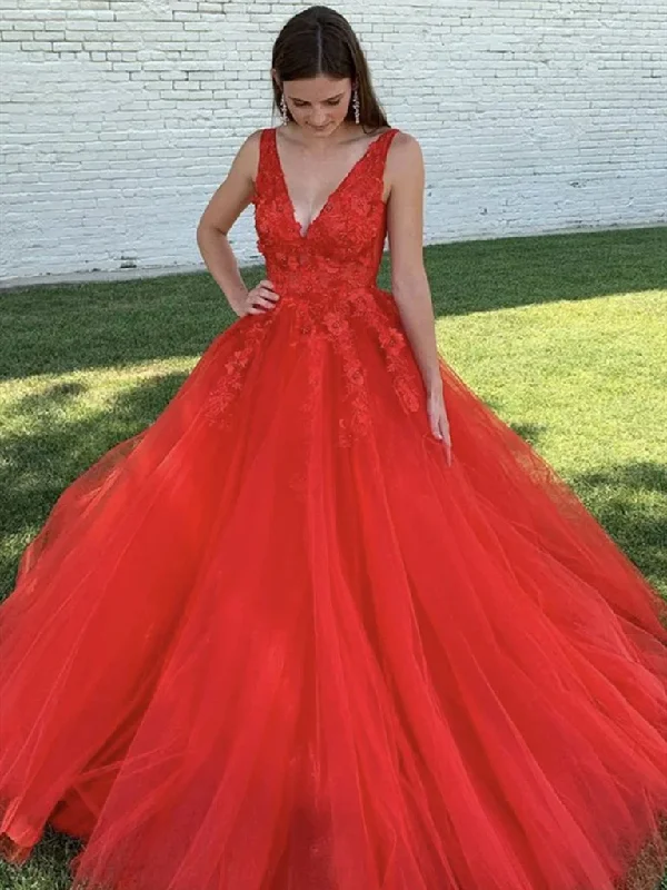 Massive Discounts V Neck Red Beaded Lace Long Prom Dresses, Red V Neck Beaded Lace Formal Evening Ball Gown Massive Discounts V Neck Red Beaded Lace Long Prom Dresses, Red V Neck Beaded Lace Formal Evening Ball Gown