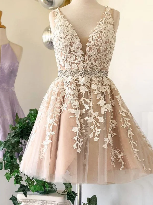 Shop & Save More V Neck Short Champagne Lace Prom Dresses, Short V Neck Champagne Lace Graduation Homecoming Formal Dressses, Champagne Lace Wedding Dresses