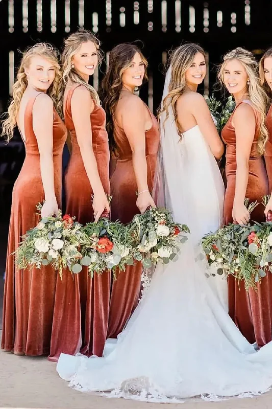 Buy More, Save More V Neck Sleeveless Winter Rust Velvet Bridesmaid Dresses,Wedding Guest Dresses