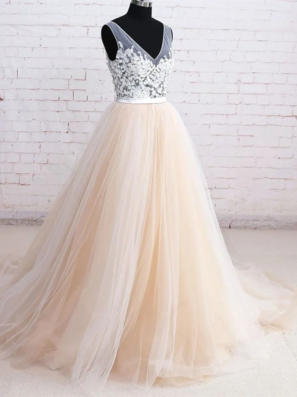 V Neck White And Champagne Tulle Floral Ball Gown Prom Dress, White And Champagne Formal Evening Dress