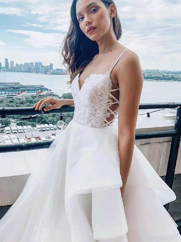 V Neck White Lace Wedding Dresses, White Lace Bridal Dresses Prom Dresses,DS1493