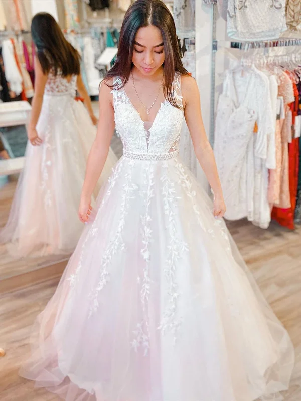 Weekend Price Drops V Neck White Lace Wedding Dresses, White Lace Formal Prom Dresses Weekend Price Drops V Neck White Lace Wedding Dresses, White Lace Formal Prom Dresses