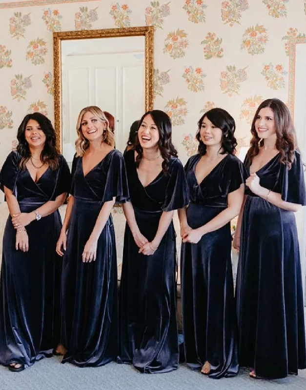 Weekend Discount Blast Velvet Navy Bridesmaid Dresses with Sleeve