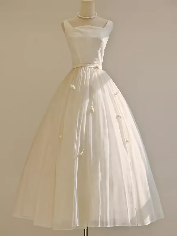 Today’s Special Discount Vintage Ball Gown Bateau White Tea Length Wedding Dresses Brides Dress SD0090