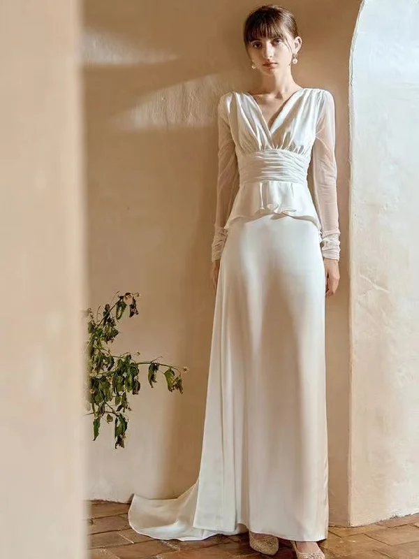 Weekend Hot Deals Vintage Long Sleeves Chiffon Wedding Dresses, Simple Long Wedding Dresses, Bridal Gown, 2022 Wedding Dresses