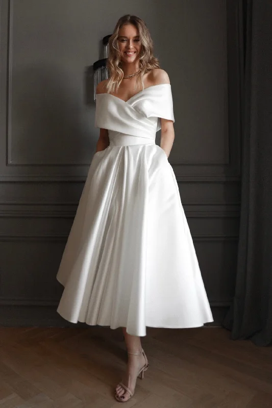 Limited Offer Light ivory Satin Midi Wedding Dress Cameron