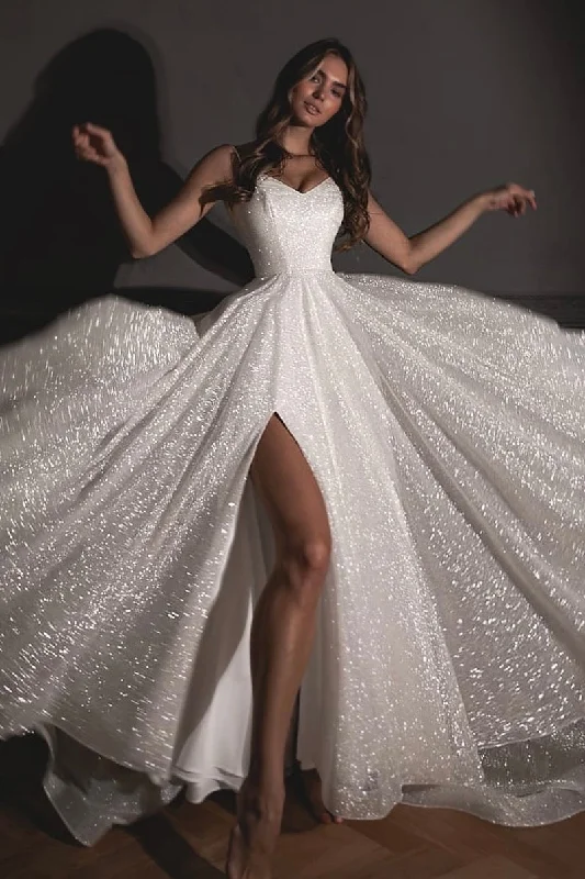 Weekend Closeout Deals Shiny Wedding Dress Bree with a High Front Slit