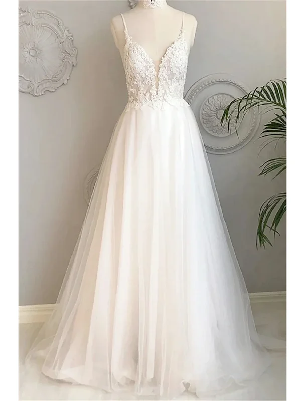 White A-Line Deep V Neck Backless Long Prom Dress Wedding Dress,DP1465