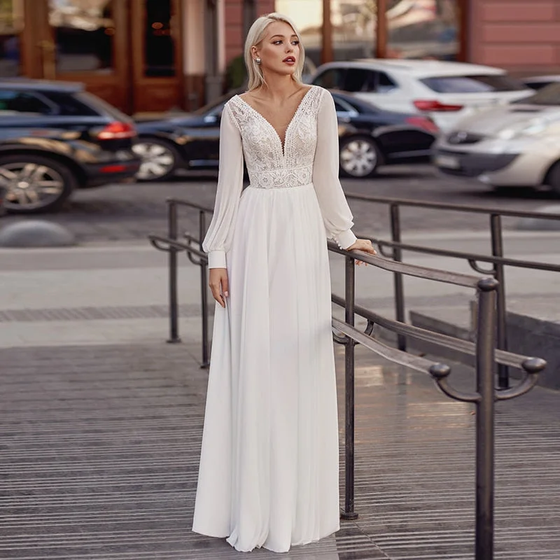 Today’s Flash Sale White Chiffon V-Neck A-Line Wedding Dress WD1005