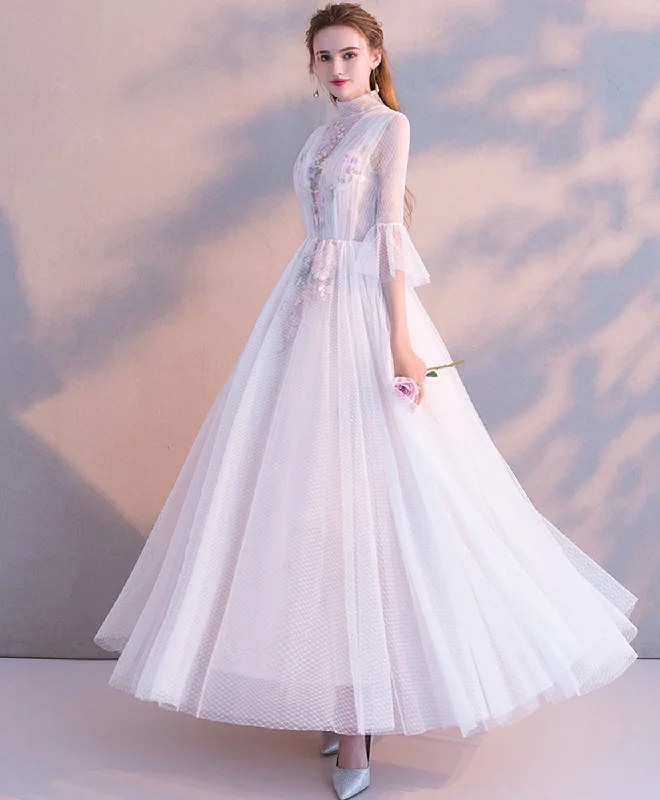 Sale of the Year White High Neck Tulle Lace Tea Long Prom Dress Bridesmaid Dress