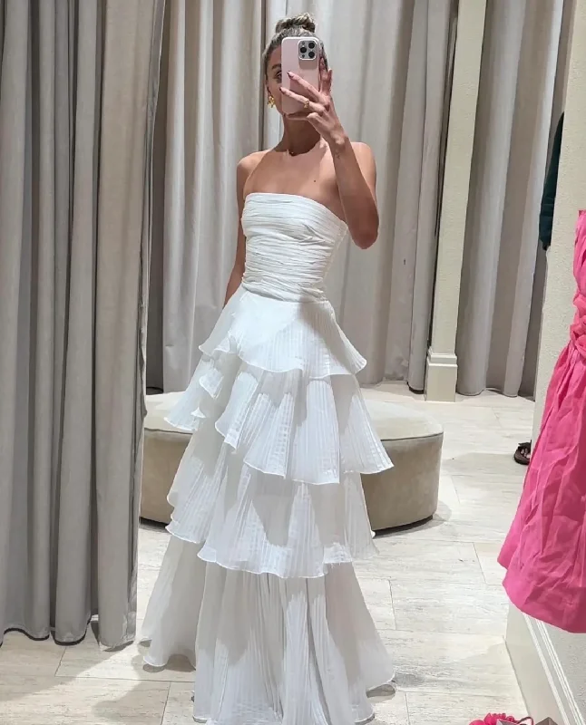 White Strapless A-Line Layers Long Prom Dress Light Wedding Dress,DP1497