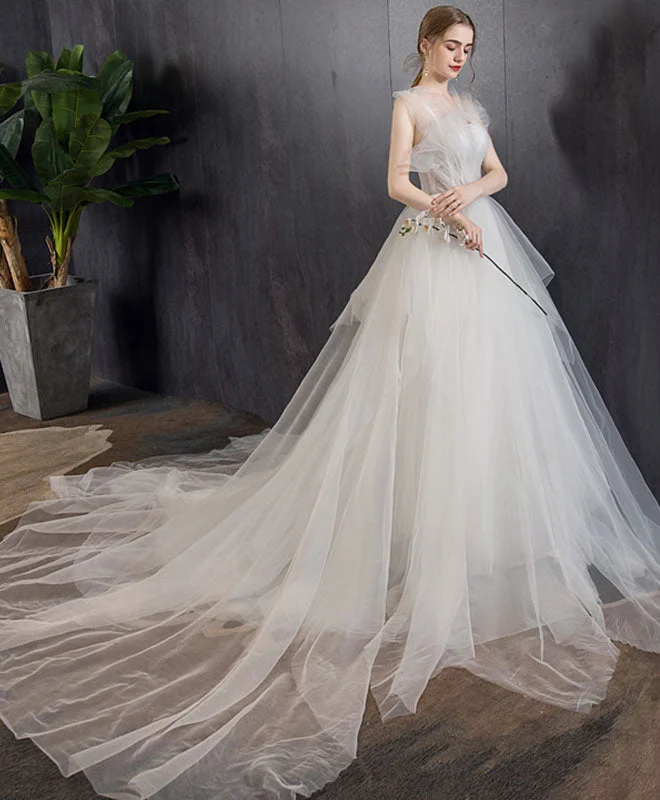 White Tulle Long Wedding Dress, White Tulle Long Bridal Dress