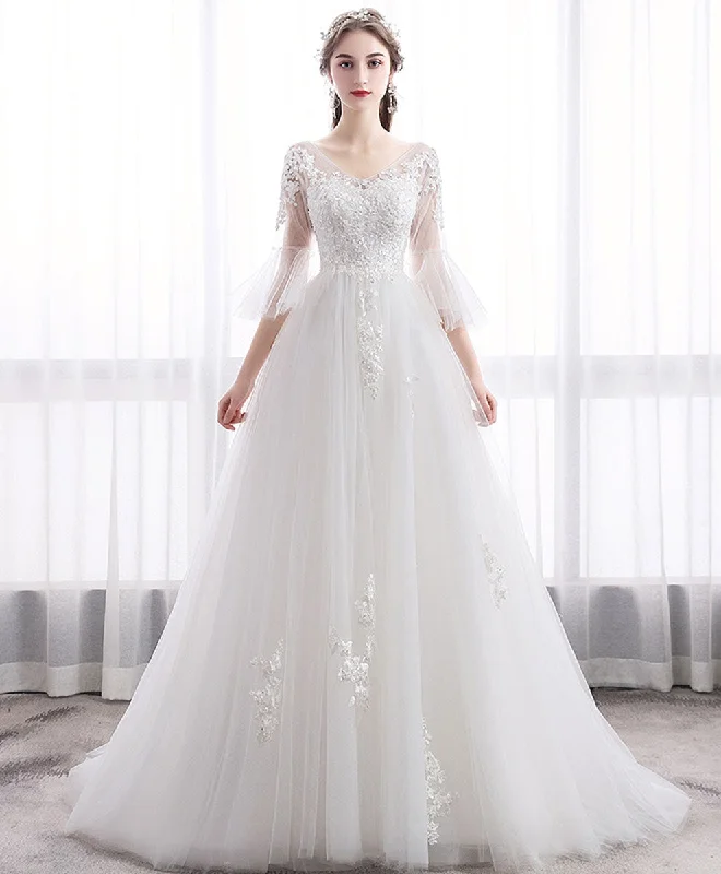 White V Neck Tulle Lace Long Wedding Dress, Lace Bridal Dress