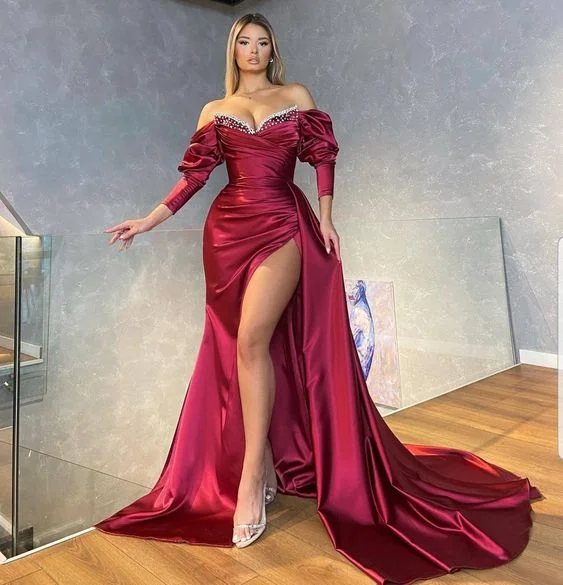 Hot Picks Wine dress with side slit prom gowns, bridal dresses, African women wedding dress, bridesmaids dresses,DS5104