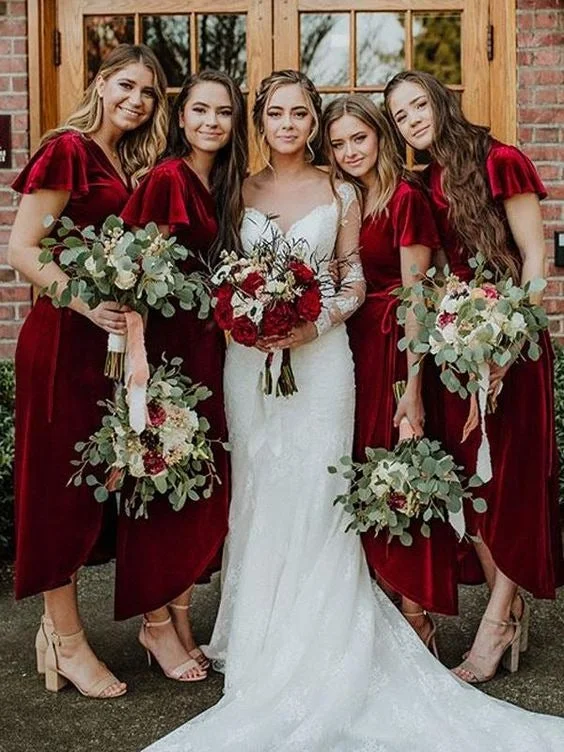 Offer of the Day Winter Velvet V-Neck Bridesmaid Dresses High-Low Tea-Length Wedding Party Dresses
