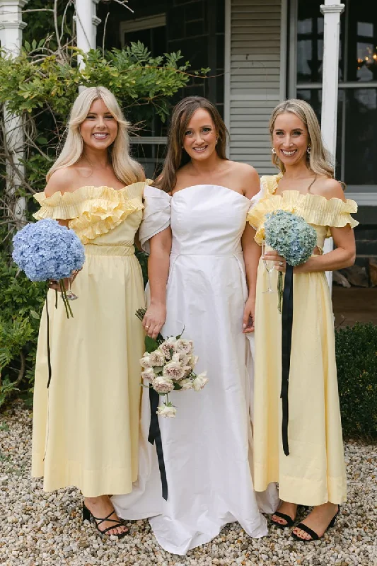 Time-Sensitive Offer Yellow Off the Shoulder Ruffle Satin Ankle Length Bridesmaid Dresses