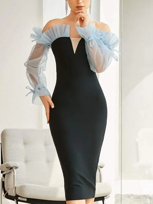 Weekend Shopping Madness Bell Sleeve Ruffle Mesh Colorblock Bodycon Dress