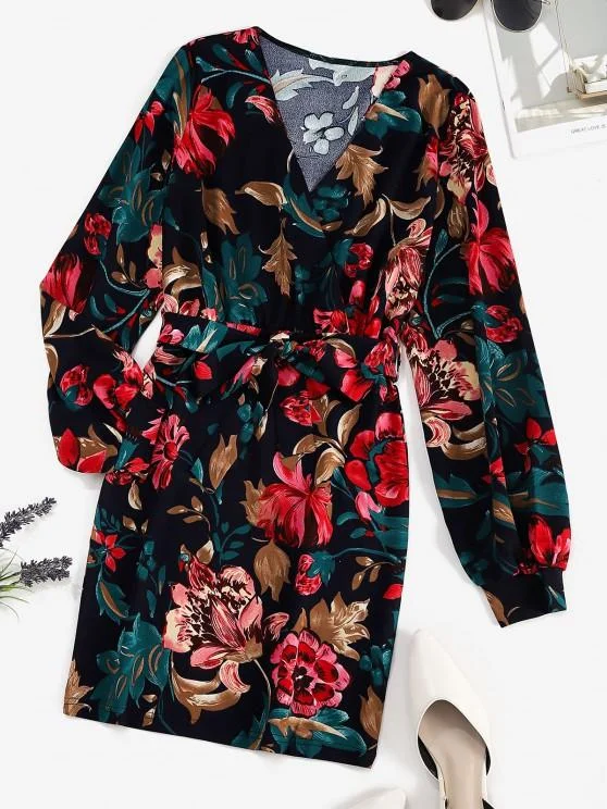Weekend Limited-Time Offers Belted Floral Surplice Bodycon Dress