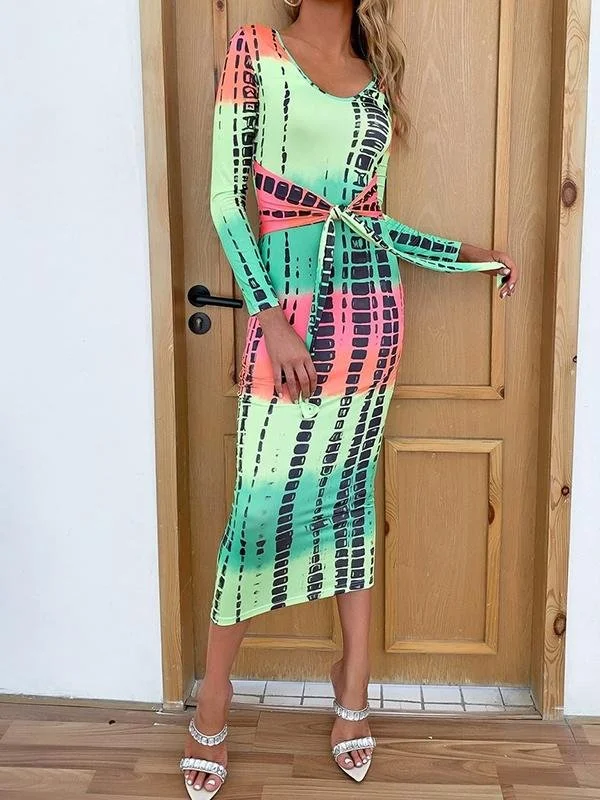 Weekend Bargain Shopping Brush Stroke Print Tie Waist Bodycon Dress