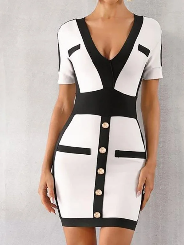 Don’t Miss These Deals Button Detail Two Tone Bodycon Dress for Women