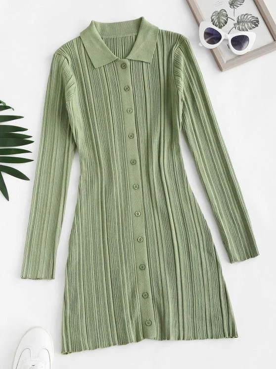 Weekend Price Drop Frenzy Button Up Ribbed Bodycon Sweater Dress